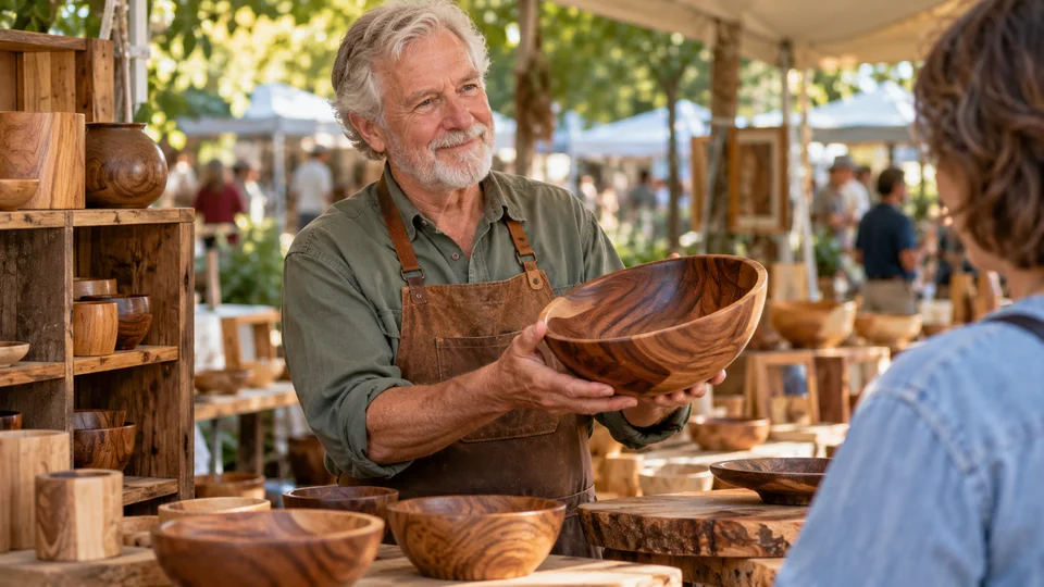 Maker markets & craft fairs — older white male woodworker presenting a handcrafted walnut bowl at an artisan market (AI-generated; not an actual event) scene