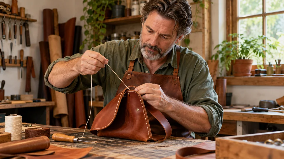 Maker markets & craft fairs — middle-aged white male leatherworker hand stitching a simple leather bag (AI-generated; not an actual event) scene