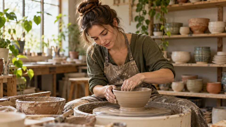 Maker markets & craft fairs — young adult white woman shaping a ceramic bowl on a potters wheel (AI-generated; not an actual event) scene