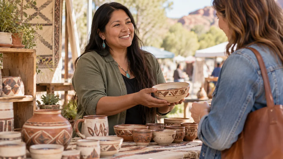Maker markets & craft fairs — contemporary Native American woman selling her contemporary handmade ceramics at an artisan table, everyday clothing (AI-generated; not an actual event) scene