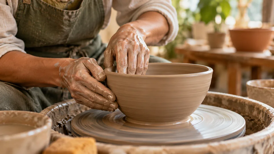 Maker markets & craft fairs — close-up hands shaping wet clay into a bowl on a pottery wheel (AI-generated; not an actual event) scene