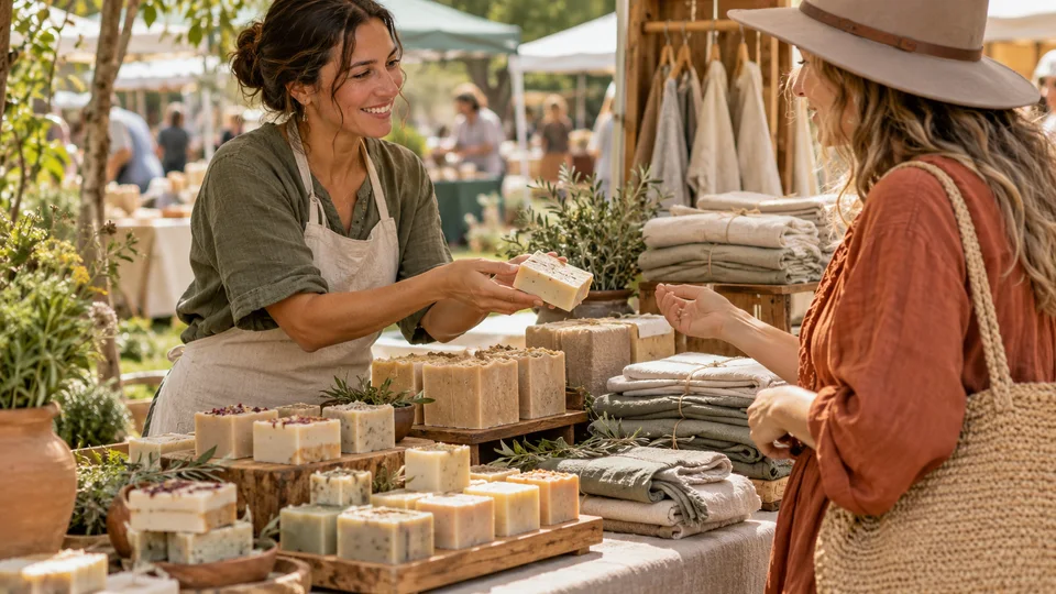 Maker markets & craft fairs — handmade cream soaps and folded natural linen at a maker market (AI-generated; not an actual event) scene