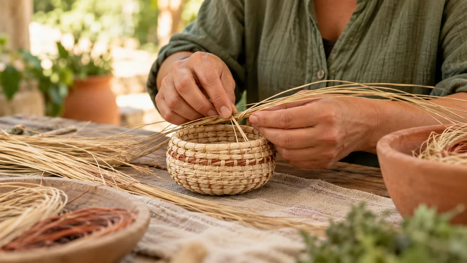 Maker markets & craft fairs — artisan hands weaving a small natural fiber basket (AI-generated; not an actual event) scene