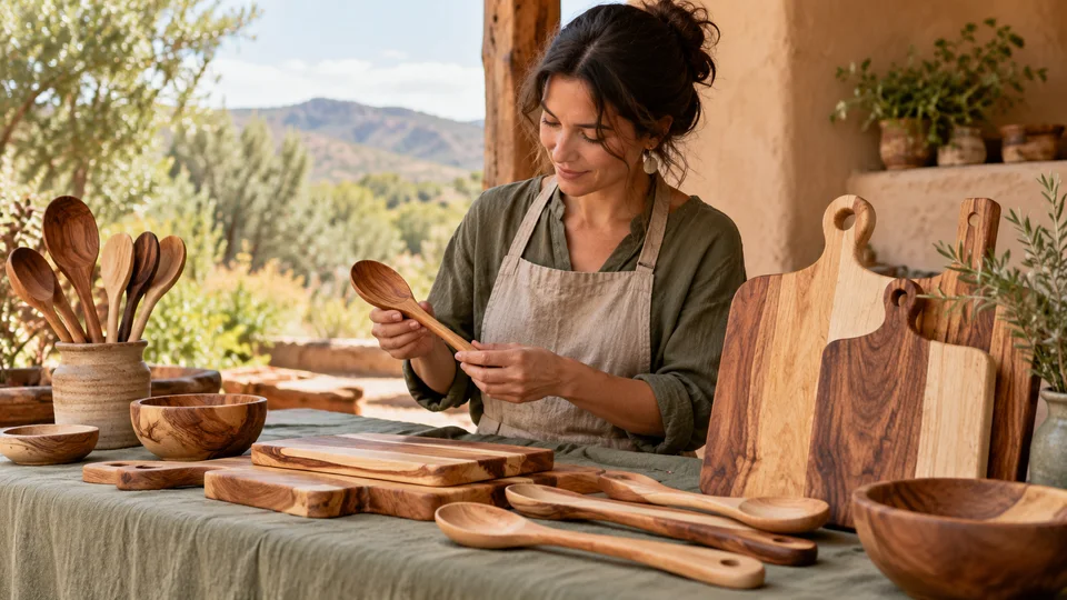 Maker markets & craft fairs — handcrafted wooden spoons and cutting boards on a sage linen display (AI-generated; not an actual event) scene