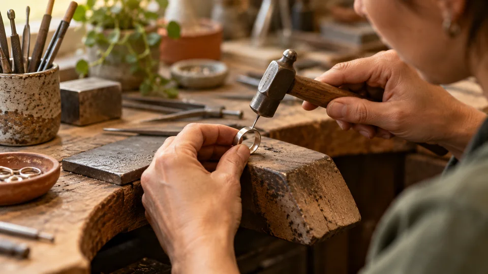 Maker markets & craft fairs — close-up of a silversmiths hands forming a simple modern ring at a workbench (AI-generated; not an actual event) scene