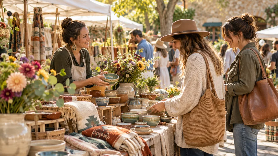 Maker markets & craft fairs — warm outdoor craft market with handmade textiles ceramics and flowers (AI-generated; not an actual event) scene